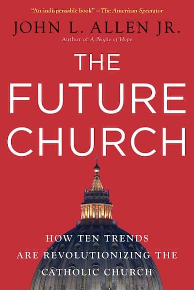 The Future Church: How Ten Trends are Revolutionizing the Catholic Church. By John L. Allen Jr.. 2009 | New York, Doubleday | 480 pages. 
<p>What will the Catholic Church be like in 100 years? Will there be a woman pope? Will dioceses throughout the United States and the rest of the world go bankrupt from years of scandal? In <em>The Future Church</em>, John L. Allen puts forth the ten trends he believes will transform the Church into the twenty-second century. From the influence of Catholics in Africa, Asia, and Latin America on doctrine and practices to the impact of multinational organizations on local and ethical standards, Allen delves into the impact of globalization on the Roman Catholic Church and argues that it must rethink fundamental issues, policies, and ways of doing business. Allen shows that over the next century, the Church will have to respond to changes within the institution itself and in the world as a whole whether it is contending with biotechnical advances—including cloning and genetic enhancement—the aging Catholic population, or expanding the roles of the laity.</p>
.  Buy now on Amazon: https://www.amazon.com/Future-Church-Trends-Revolutionizing-Catholic/dp/0385520395.