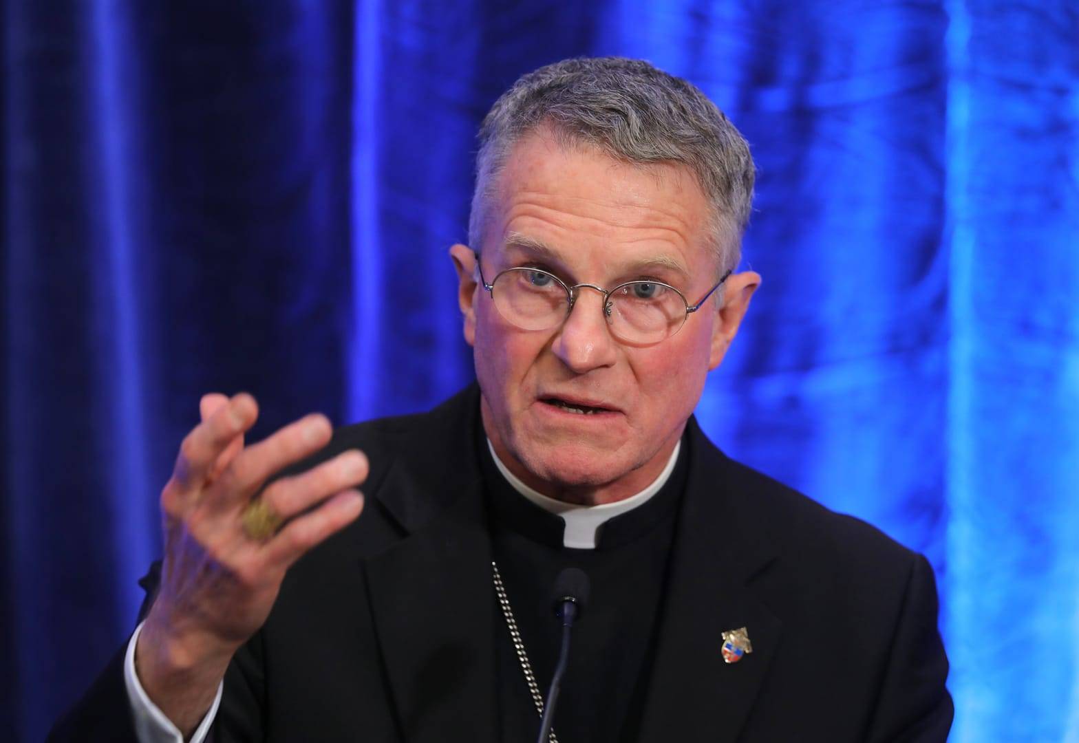 Archbishop Timothy P. Broglio of the U.S. Archdiocese for the Military Services, gestures during a Nov. 15, 2022, news conference after being elected president of the U.S. Conference of Catholic Bishops during the fall general assembly of the bishops in Baltimore. (Credit: Bob Roller/CNS.)