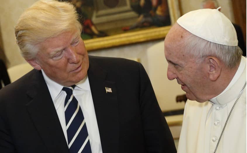 Pope Francis talks with U.S. President Donald Trump during a private audience at the Vatican May 24, 2017. (Credit: Paul Haring/CNS.)