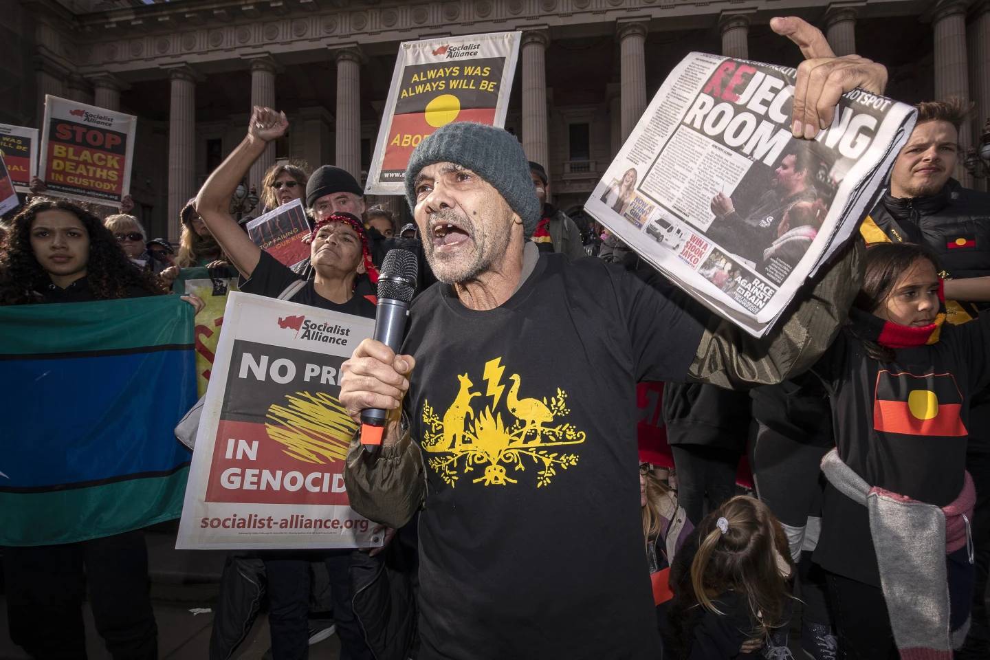 Robbie Thorpe talks during a NAIDOC, National Aborigines and Islanders Day Observance Committee, march in Melbourne, Australia, July 6, 2018. (Credit: Daniel Pockett/AAP image via AP.)