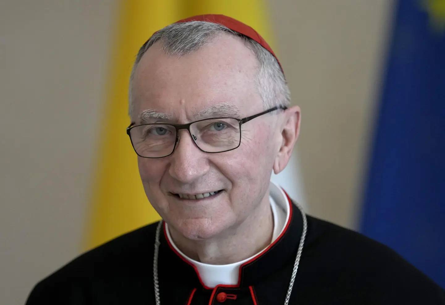 Vatican Secretary of State Cardinal Pietro Parolin smiles during a meeting at the Bellevue palace in Berlin, Germany on June 29, 2021. (Credit: AP Photo/Michael Sohn.)