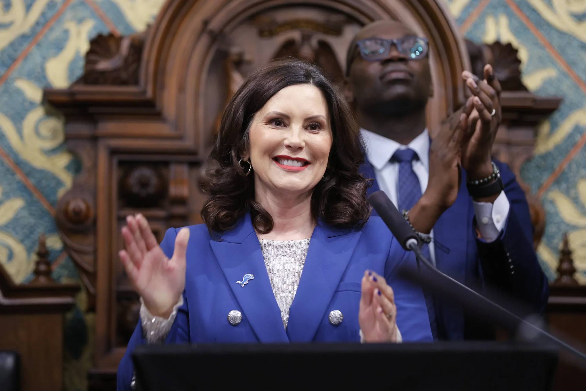Michigan Gov. Gretchen Whitmer delivers here State of the State address to a joint session of the House and Senate, Wednesday, Jan. 24, 2024, at the state Capitol in Lansing, Mich. (Credit: Al Goldis/AP.)