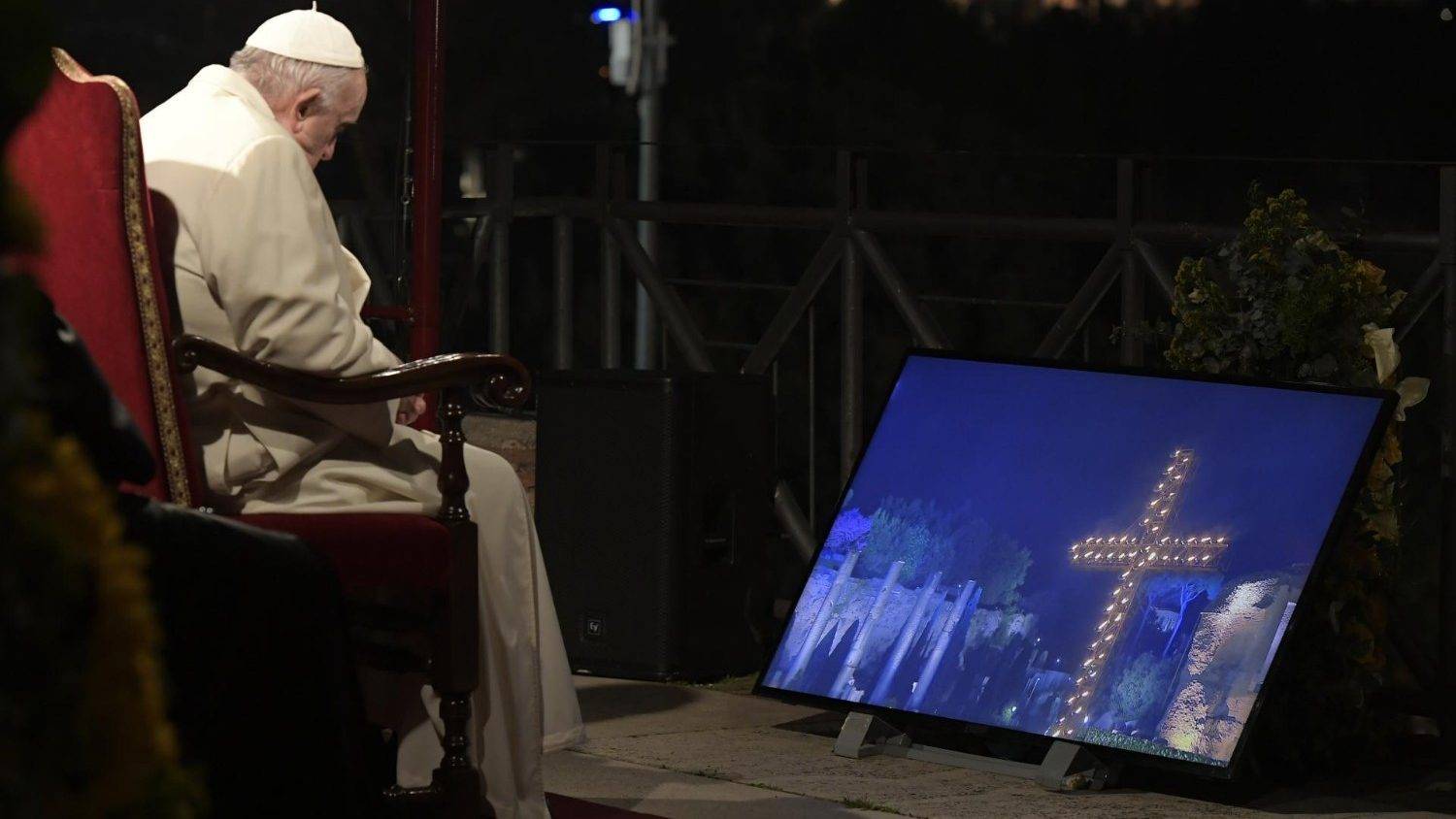 Pope Francis leads the praying of the Via Crucis at Rome's Colosseum on April 15, 2022. (Credit: Vatican Media.)