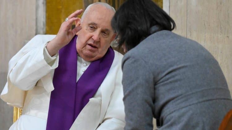 Pope Francis hears confessions at the Roman parish of San Pio V on March 1, 2024, during his Lenten "24 Hours for the Lord" initiative. (Credit: Vatican Media.)