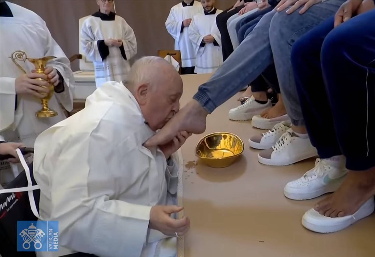 Pope Francis washes the feet of 12 inmates at Rome's Casa Circondariale Femminile di Rebibbia women's prison during his Holy Thursday Mass of the Lord's Supper on March 28, 2024. (Credit: Vatican Media/Screenshot.)