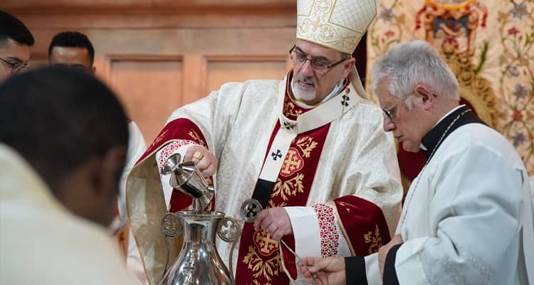 Cardinal Pierbattista Pizzaballa, the Latin Patriarch of Jerusalem, celebrates Holy Thursday Mass in Holy Sepulchre in Jerusalem, March 28, 2024. (Credit: Latin Patriarchate of Jerusalem.)
