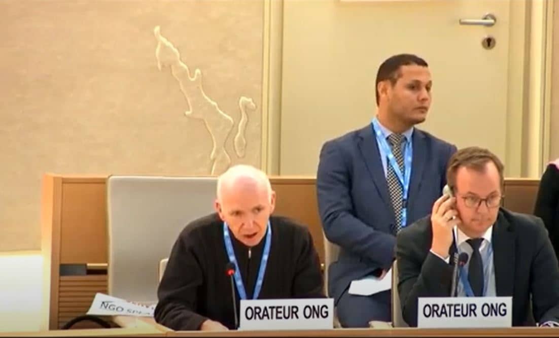 Franciscan Father Eunan McMullan, the Franciscans International (FI) Europe Program Coordinator, spoke at the UN Human Rights Council in Geneva on March 21. (Credit: YouTube.)