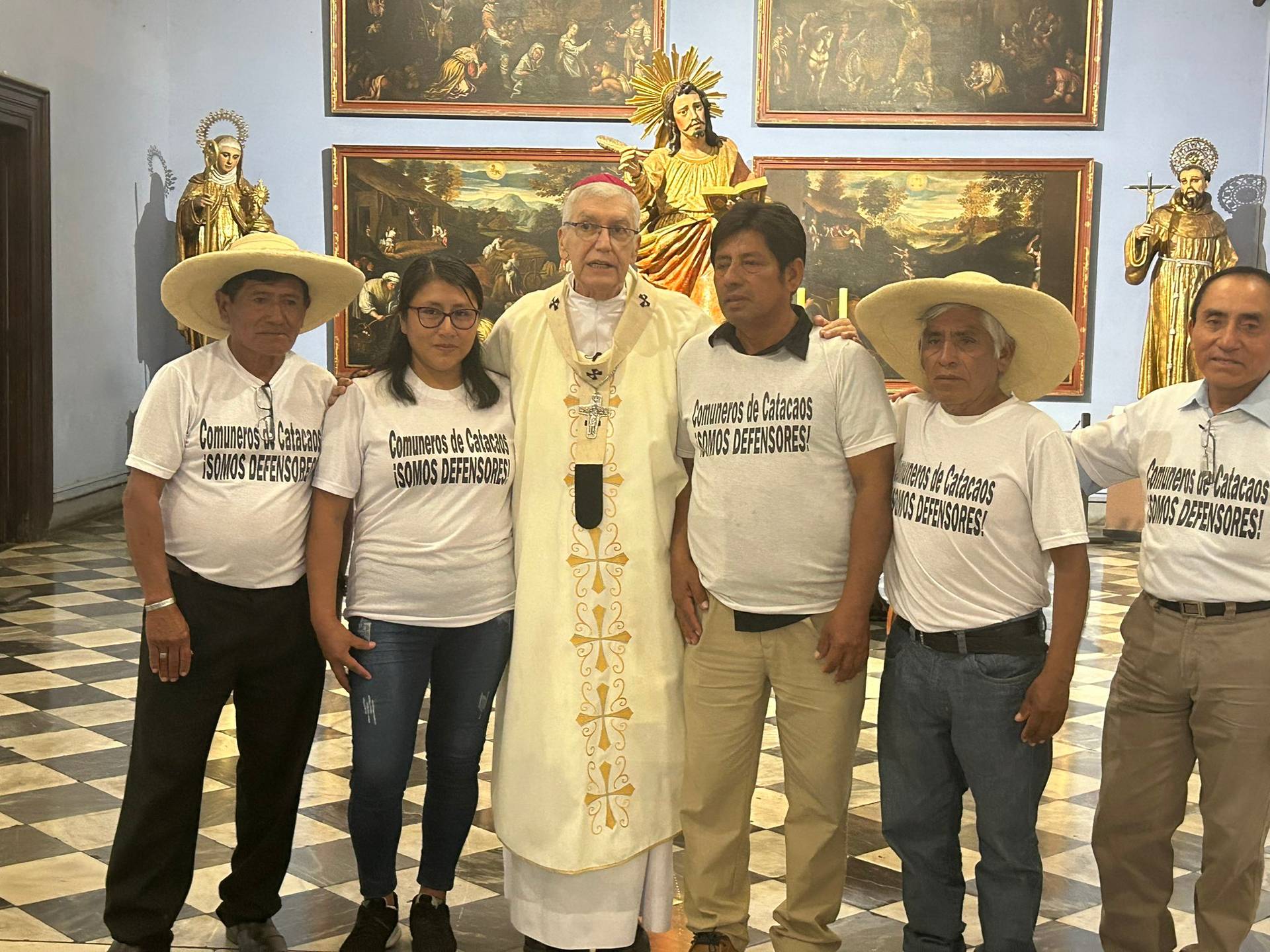 Archbishop Carlos Castillo of Lima (center) meets with members of the Catacaos peasant farming community in Piura at the cathedral of Lima on Sunday, April 28, 2024. (Credit: Paola Ugaz.)