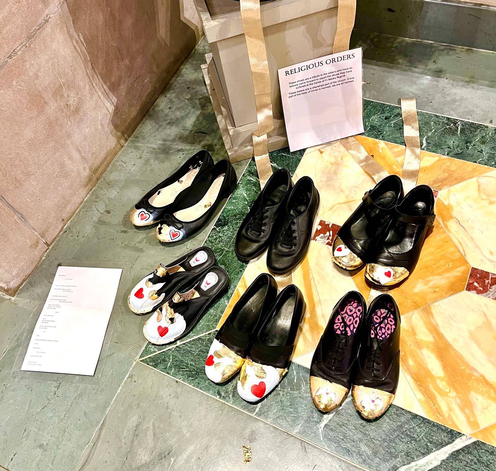 Shoes representing victims of Fr. Marko Rupnik, part of the LOUDfence advocacy organization's inaugural "Walk in my shoes" installation at St. Joseph's Cathedral, Wheeling, W-Va. on Sunday, 7 April 2024. (Credit: Photo courtesy of LOUDfence / Antonia Sobocki.)