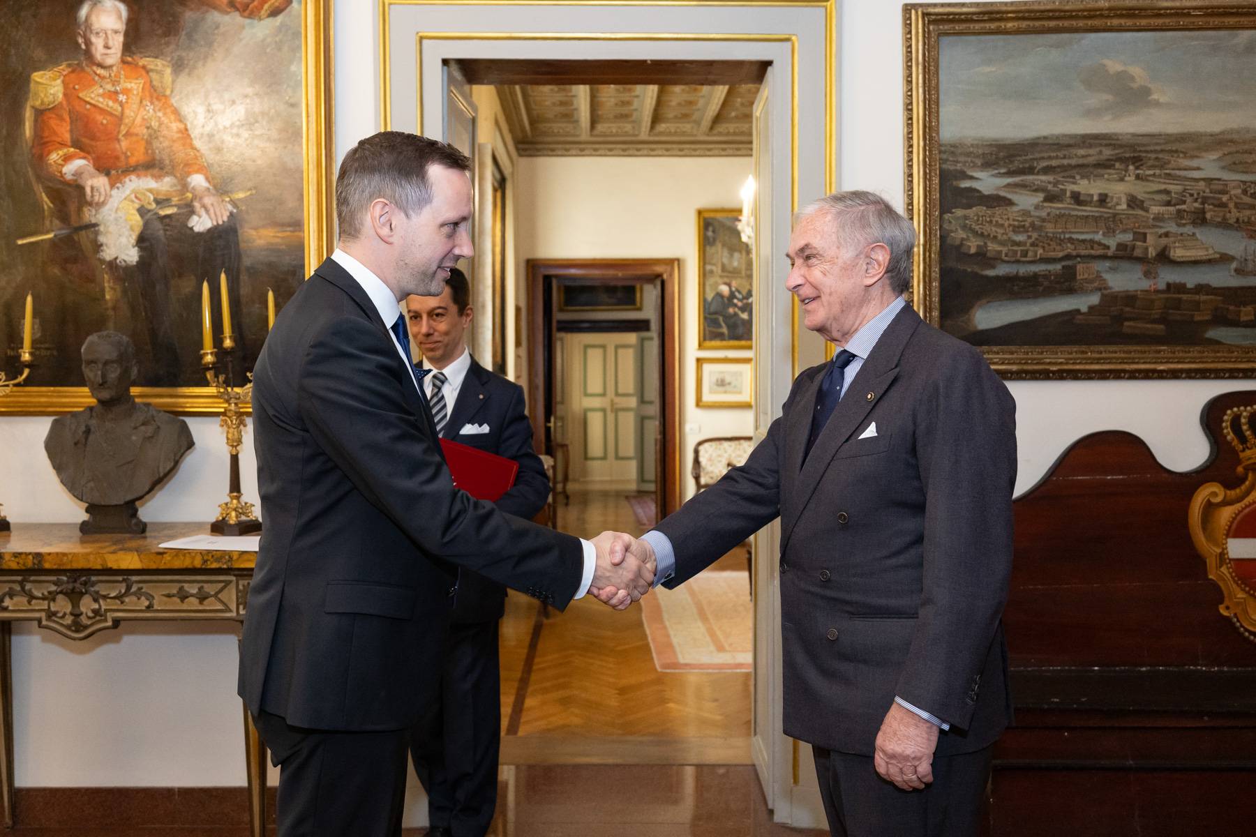 The Order of Malta’s Grand Chancellor Riccardo Paternò di Montecupo meets Tristan Azbej, Hungary's State Secretary for Aid to Persecuted Christians, on April 8, 2024. (Credit: Sovereign Order of Malta.)