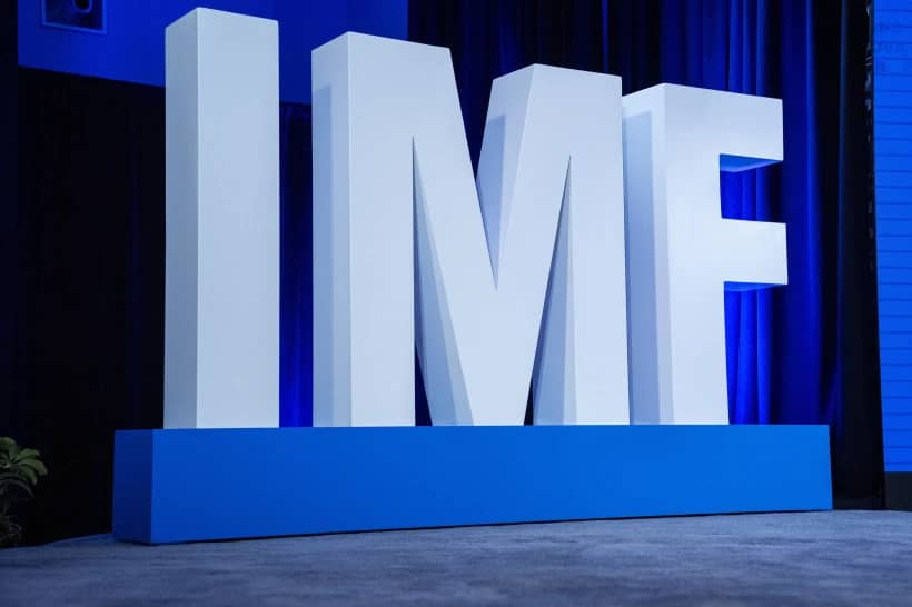 Letters spell out IMF during a news conference about the International Monetary Fund’s (IMF) World Economic Outlook report, during the IMF Spring Meetings, Tuesday, April 16, 2024, in Washington. (Credit: Jacquelyn Martin/AP.)
