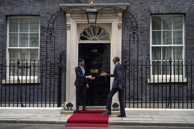 Britain’s Prime Minister Rishi Sunak, left, greets the President of Rwanda Paul Kagame on the doorstep of 10 Downing Street in London, Tuesday, April 9, 2024. (Credit: Alberto Pezzali/AP.)