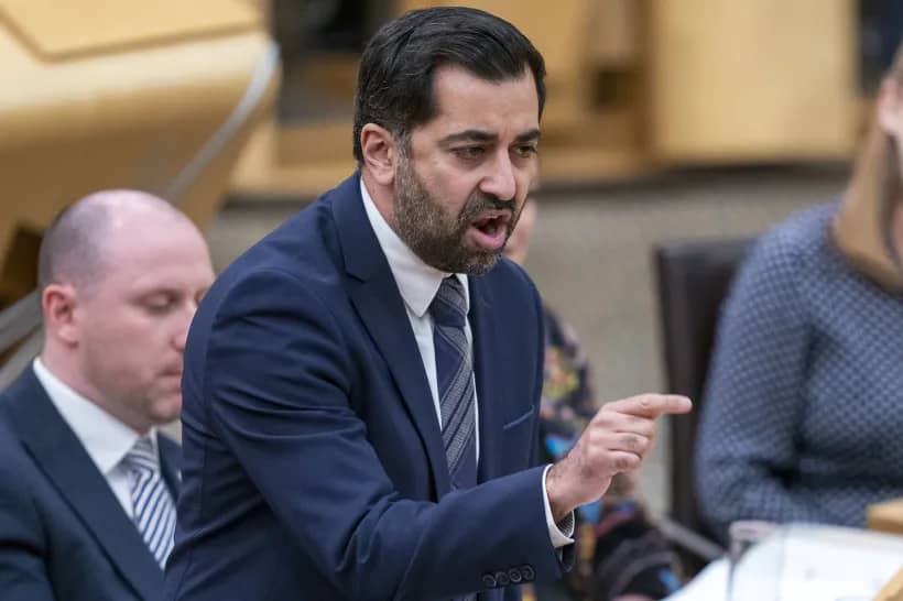 Scotland’s First Minister Humza Yousaf speaks during First Minster’s Questions (FMQ’s) at the Scottish Parliament in Holyrood, Edinburgh, Scotland, March 28, 2024. (Credit: Jane Barlow/PA via AP.)