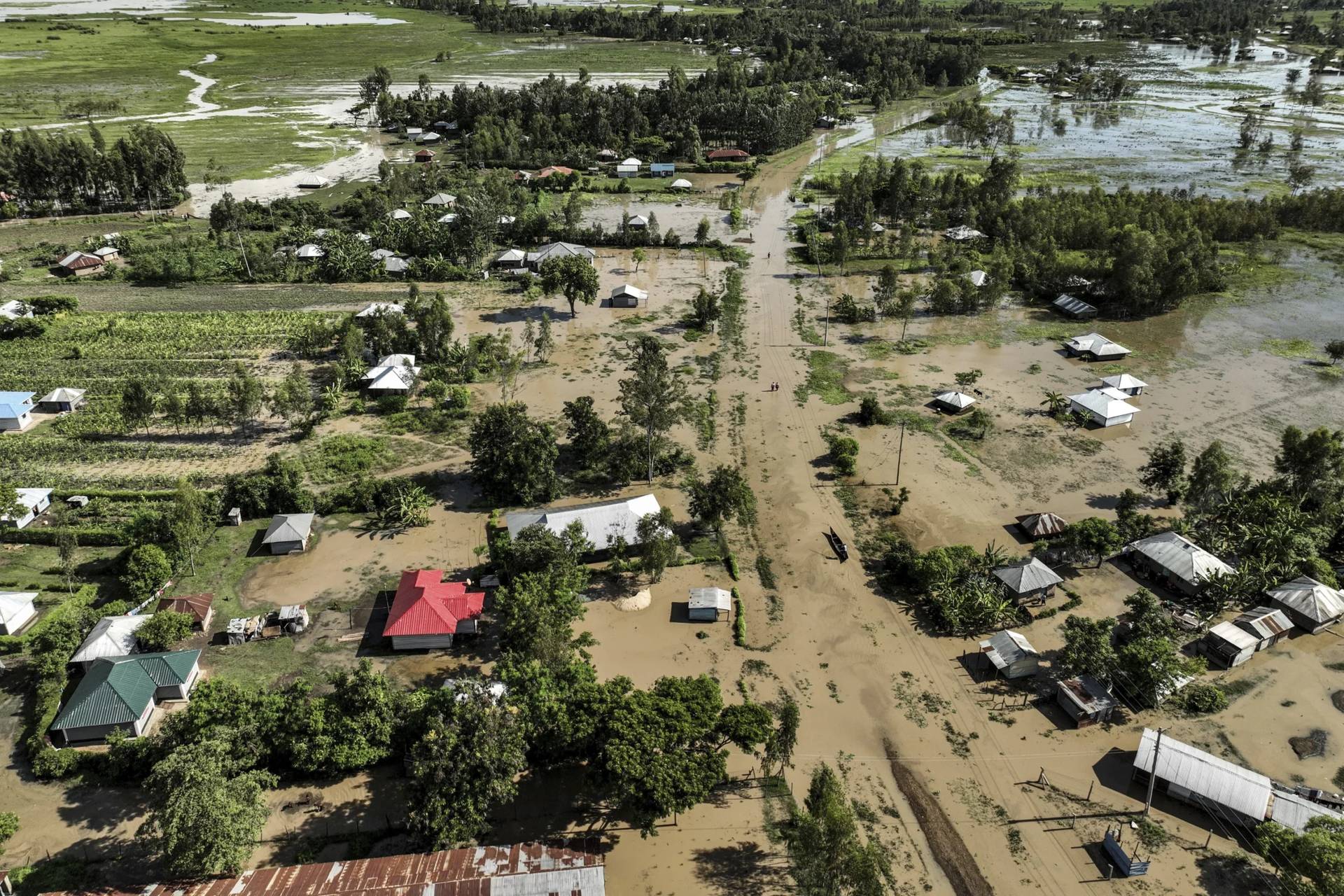 An aerial view shows a flooded area in Ombaka Village, Kisumu, Kenya, April 17, 2024. (Credit: Brian Ongoro/AP.)