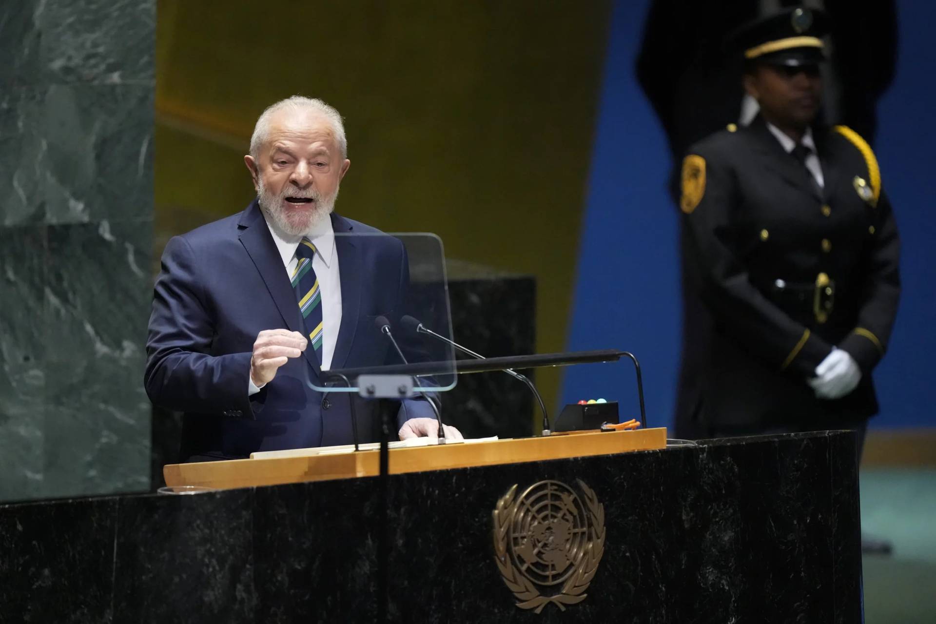 Brazil's president Luiz Inacio Lula da Silva speaks at the United Nations, Sept. 19, 2023. (Credit: Mary Altaffer/AP.)