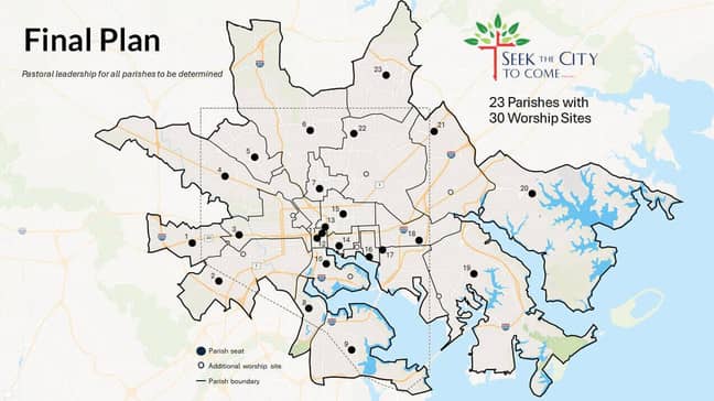 The final map of the Archdiocese of Baltimore “Seek the City to Come” restructuring plan. (Credit: Archdiocese of Baltimore.)