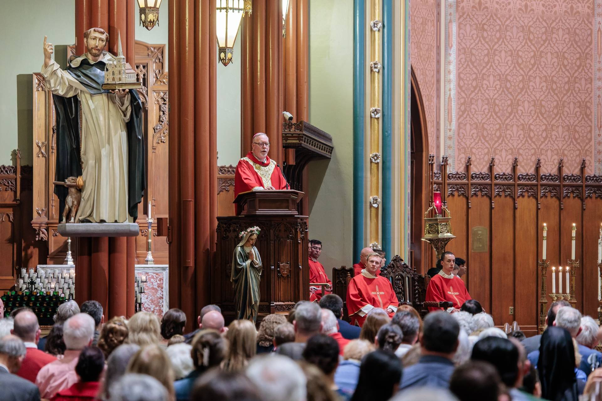 Archbishop Christopher Coyne of Hartford speaking from the pulpit of St. Mary Church in New Haven, Connecticut, on May 18. (Credit: Aaron Joseph/ Archdiocese of Hartford.)