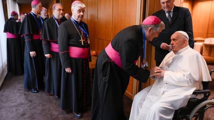 Pope Francis greets Italian bishops May 20, 2024. (Credit: Vatican Media.)