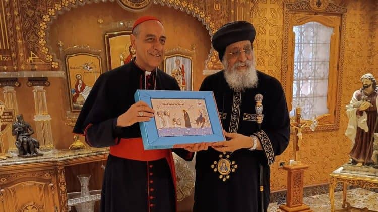 Cardinal Víctor Manuel Fernández, prefect of the Dicastery for the Doctrine of the Faith (L), meets with Coptic Orthodox Pope Tawadros II in Cairo on Wednesday, May 22, 2024. (Credit: Vatican Media.)