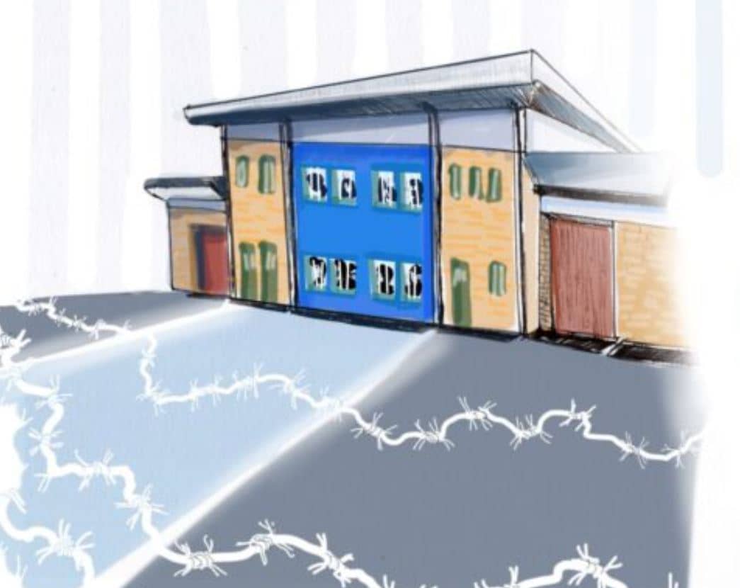 An illustration of the Brook House Detention Center in England. (Credit: Jesuit Refugee Service UK.)