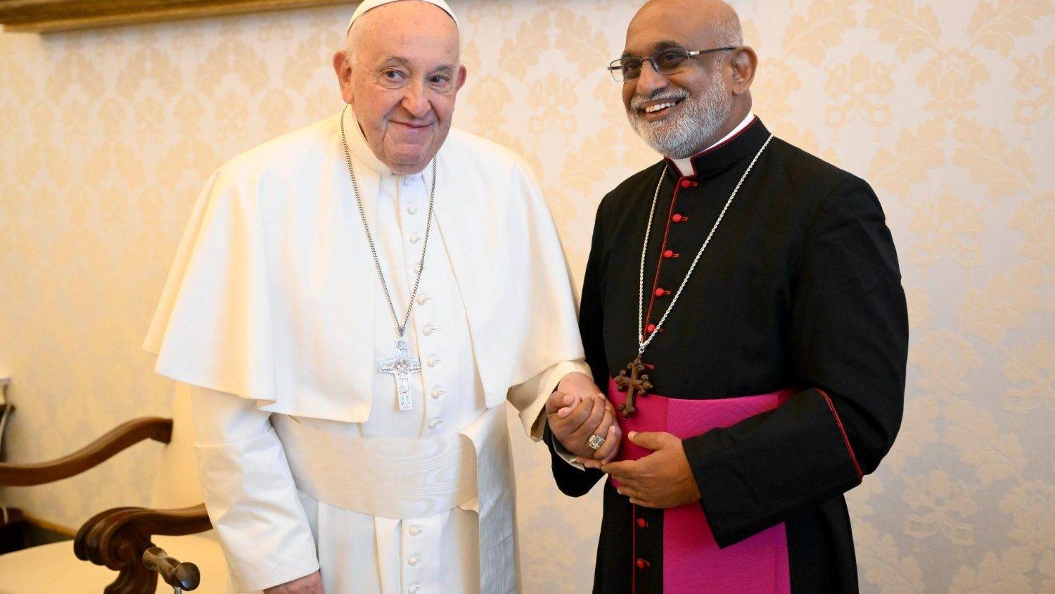 Pope Francis meetis with His Beatitude Mar Raphael Thattil, Major Archbishop of Ernakulam-Angamaly on Monday, May 13. (Credit: Vatican Media.)