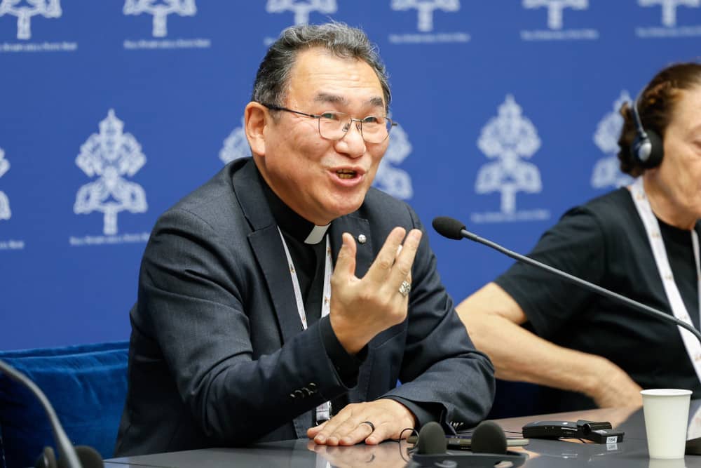 Archbishop Tarcisio Isao Kikuchi of Tokyo speaks during a briefing about the assembly of the Synod of Bishops at the Vatican Oct. 20, 2023. (Credit: Lola Gomez/CNS.)