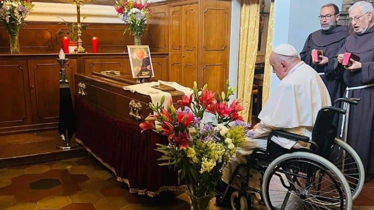 Pope Francis pays respects to the remains of his late confessor on June 23, 2024. (Credit: Vatican Media.)