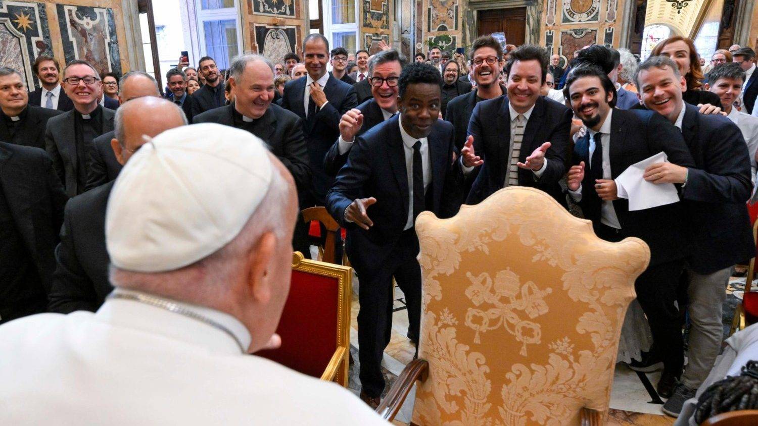 Pope Francis meets with comedians and humorists from around the world at the Vatican on June 14, 2024. (Credit: Vatican Media.)
