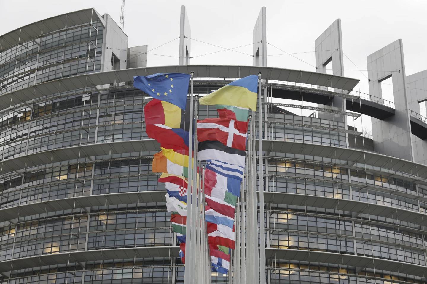 European flags fly outside the European Parliament on Feb. 7, 2024 in Strasbourg, eastern France. (Credit: Jean-Francois Badias/AP.)