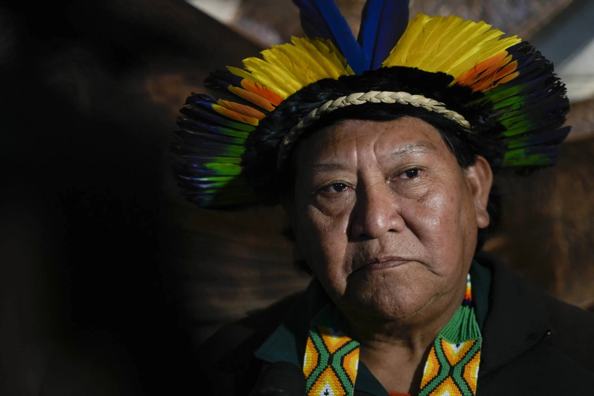 Davi Kopenawa, a Yanomami shaman, listens to reporters’ questions during a press conference after his meeting with Pope Francis at the Vatican, Wednesday, April 10, 2024. Kopenawa, a Yanomami shaman, said he came to the Vatican at Francis’ invitation to brief him on the plight of the Yanomami and the Amazon, where deforestation surged to a 15-year high during the previous administration of far-right President Jair Bolsonaro. (Credit: Alessandra Tarantino/AP.)