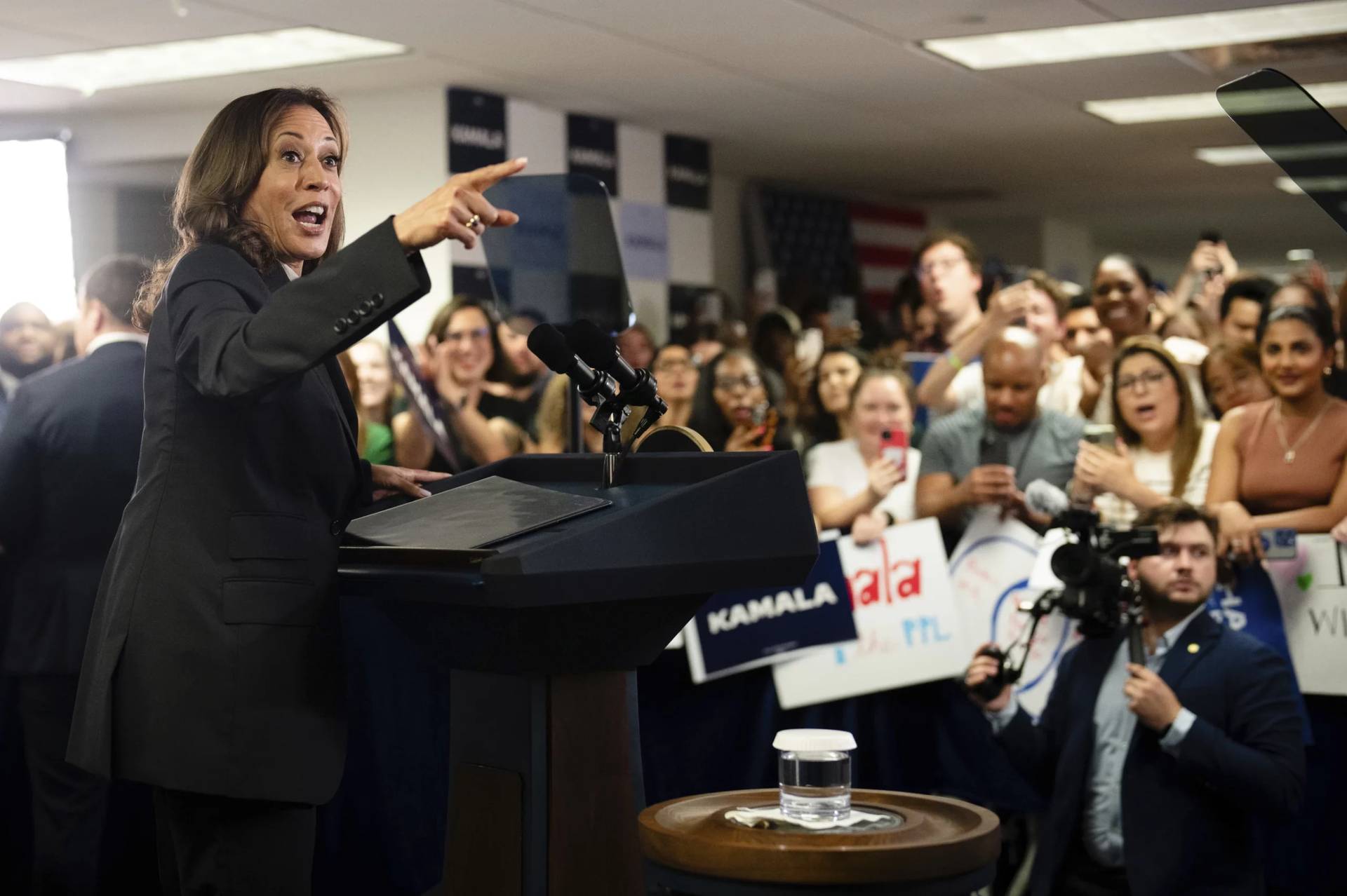 Vice President Kamala Harris speaks at her campaign headquarters in Wilmington, Del., Monday, July 22, 2024. (Credit: Erin Schaff/The New York Times via AP, Pool.)