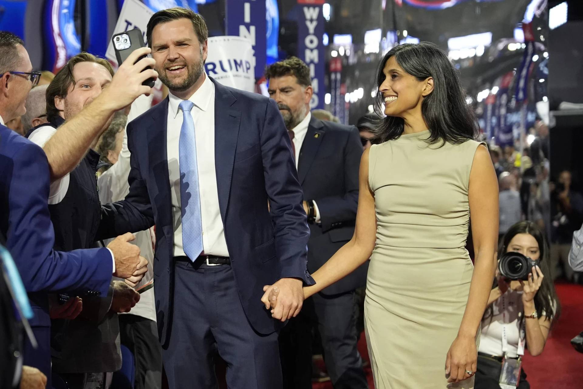 J. D. Vance and his wife Usha Chilukuri Vance at the 2024 Republican National Convention in Milwaukee, July 15, 2024. (Credit: Carolyn Kaster/AP.)