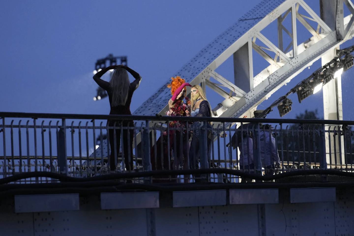 Drag queen Piche prepares to perform at the Debilly Bridge in Paris during the opening ceremony of the 2024 Summer Olympics, Friday, July 26, 2024. (Credit: Tsvangirayi Mukwazhi/AP.)