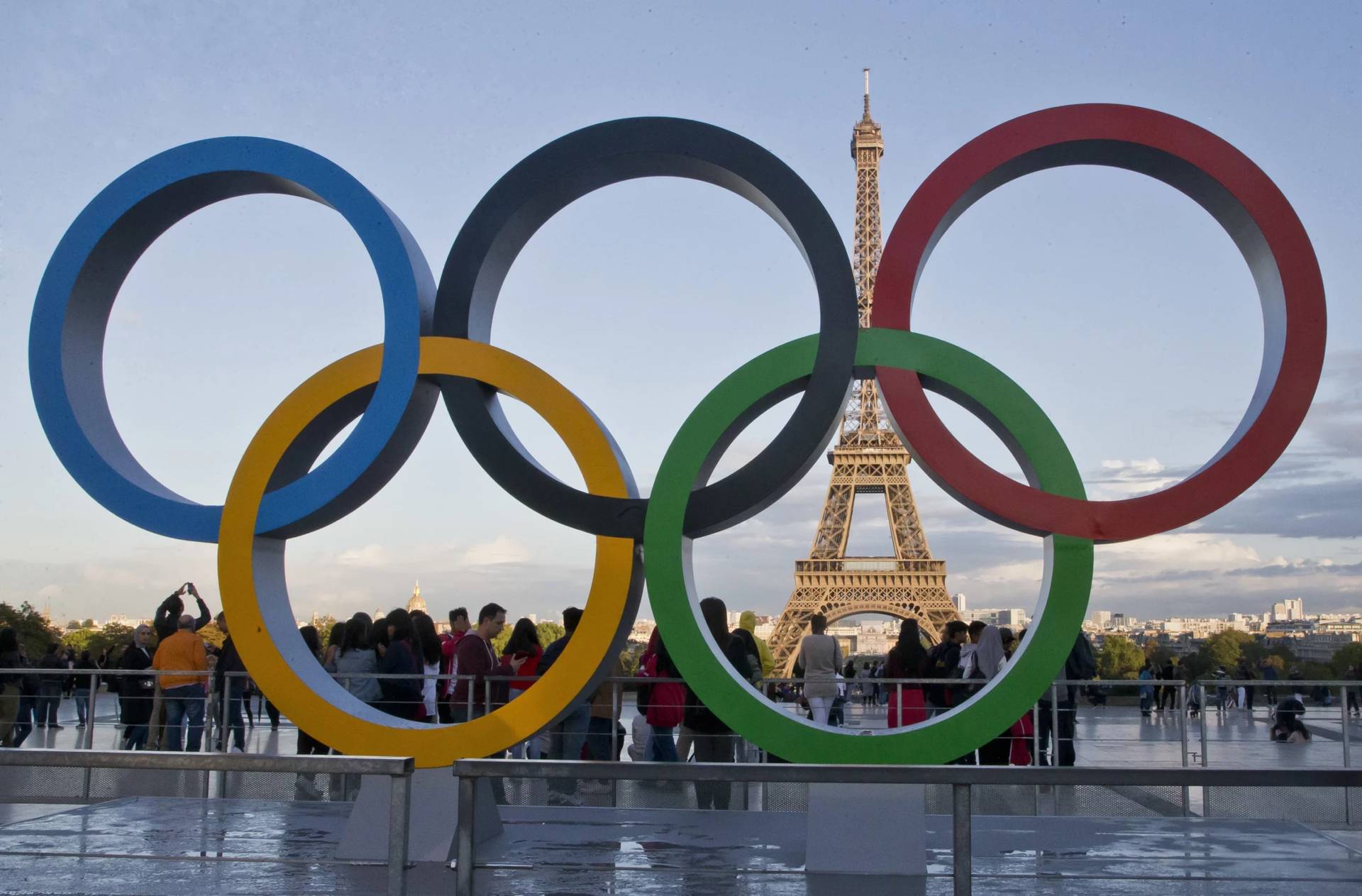 The Olympic rings are set up at the Trocadero plaza that overlooks the Eiffel Tower in Paris on Sept. 14, 2017. (Credit: Michel Euler/AP.)