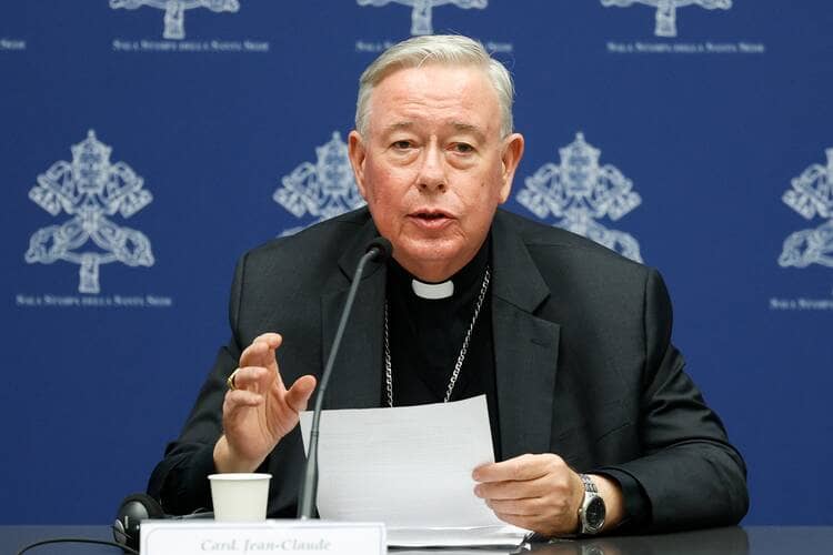 Cardinal Jean-Claude Hollerich, relator general of the synod on synodality, speaks during a news conference at the Vatican March 14, 2024, about study groups authorized by Pope Francis to examine issues raised at the synod on synodality. (Credit: Lola Gomez/CNS.)