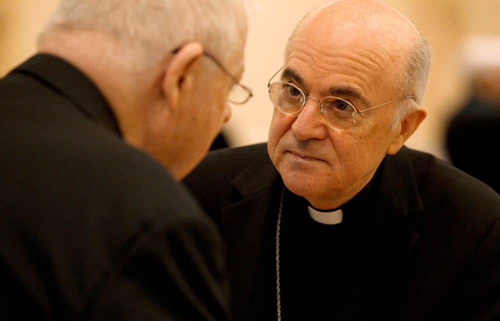 Archbishop Carlo Maria Viganò, then apostolic nuncio to the United States, talks with a U.S. bishop during the bishops' meeting in Baltimore in this Nov. 13, 2012, file photo. (Credit: CNS/Nancy Phelan Wiechec).