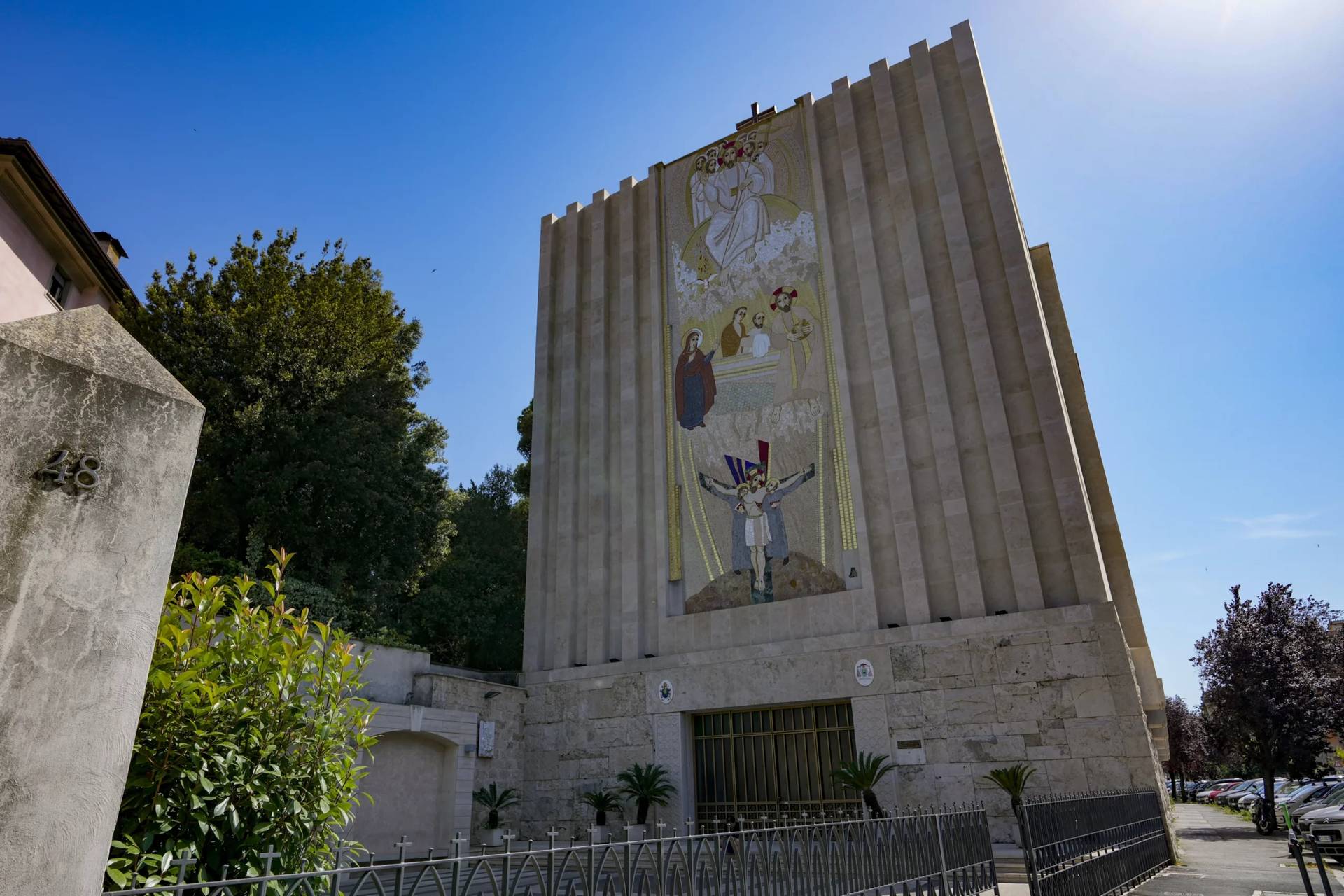 A mosaic by ex-Jesuit artist Father Marko Rupnik is seen on the main facade of the Church of Our Lady of the Canadian Martyrs, in Rome Friday, June 28, 2024. Several women have accused him of psychologically, spiritually and sexually abusing them. (Credit: Andrew Medichini/AP.)