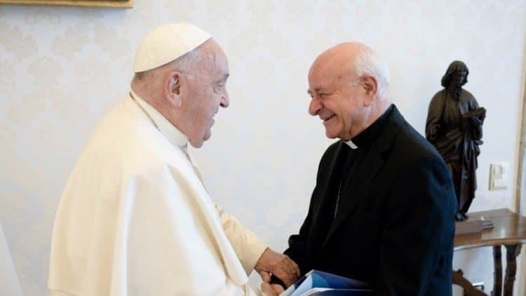 Archbishop Vincenzo Paglia, president of the Pontifical Academy for Life, meets with Pope Francis during a private audience on Aug. 8, 2024. (Credit: Pontifical Academy for Life.)