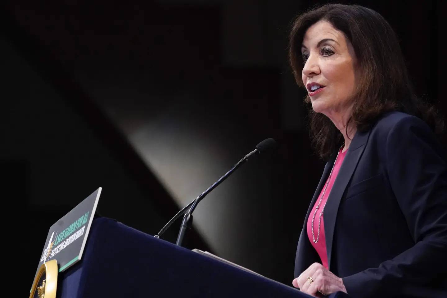 New York Gov. Kathy Hochul speaks during a ceremony to sign a legislative package to protect abortion rights in New York, Monday, June 13, 2022. (Credit: Mary Altaffer/AP.)