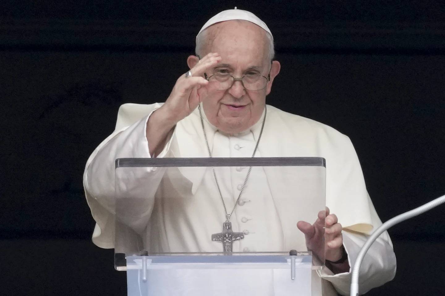 Pope Francis delivers his blessing as he recites the Angelus noon prayer from the window of his studio overlooking St. Peter's Square at the Vatican on Sunday, Aug. 27, 2023. (Credit: Andrew Medichini/AP.)