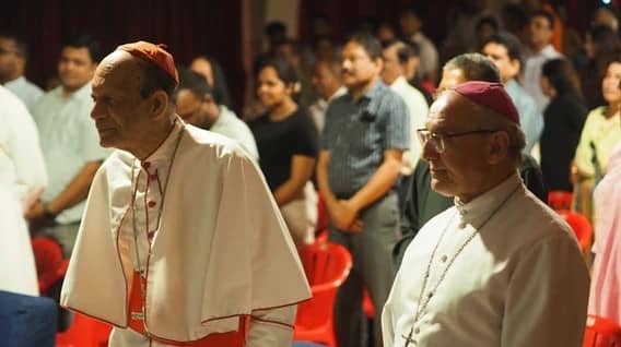 Cardinal Oswald Gracias of Bombay and Nuncio Archbishop Leopoldo Girelli at the celebration of the Season of Creation at the Don Bosco International School Hall in Mumbai, India, on Sep. 21, 2024. (Credit: Nirmala Carvalho/Crux.)