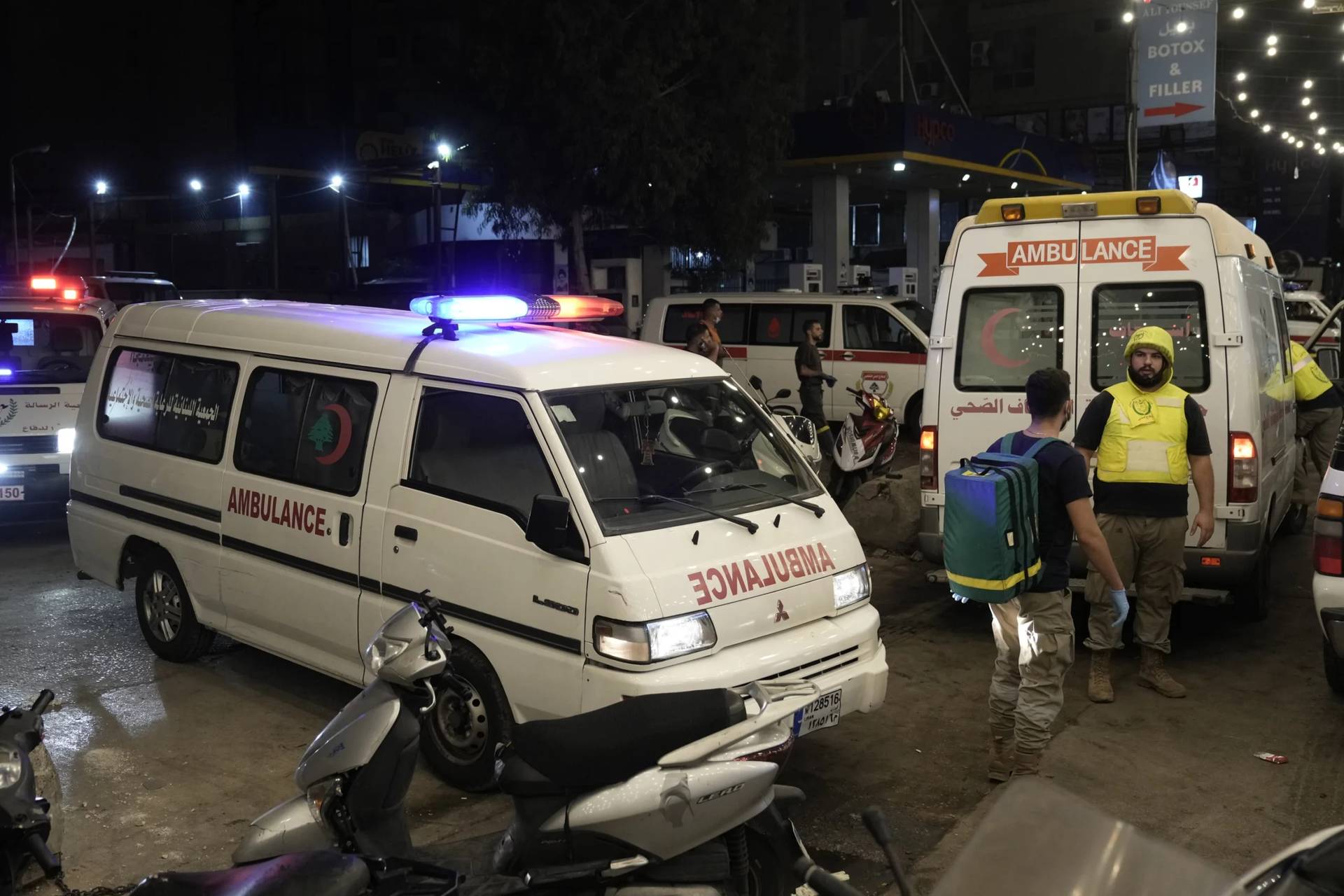 Ambulances arrive to evacuate the wounded near the site of an Israeli airstrike in Beirut’s southern suburb, Monday, Sept. 23, 2024. (Credit: Bilal Hussein/AP.)