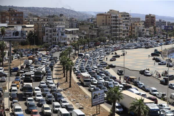 Cars sit in traffic as they flee the southern villages amid ongoing Israeli airstrikes, in Sidon, Lebanon, Monday, Sept. 23, 2024. (Credit: Mohammed Zaatari/AP.)