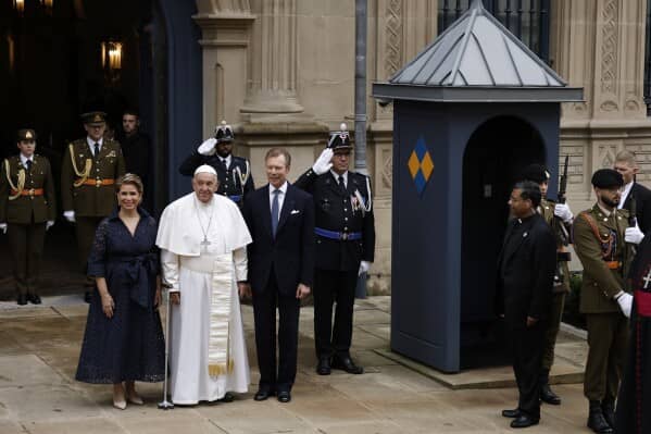 Pope Francis is welcomed by Grand Duchess Maria Teresa, left, and Luxembourg’s Grand Duke Henri, right, at the Grand Ducal Palace in Luxembourg, Thursday, Sept. 26, 2024. (Credit: Omar Havana/AP.)