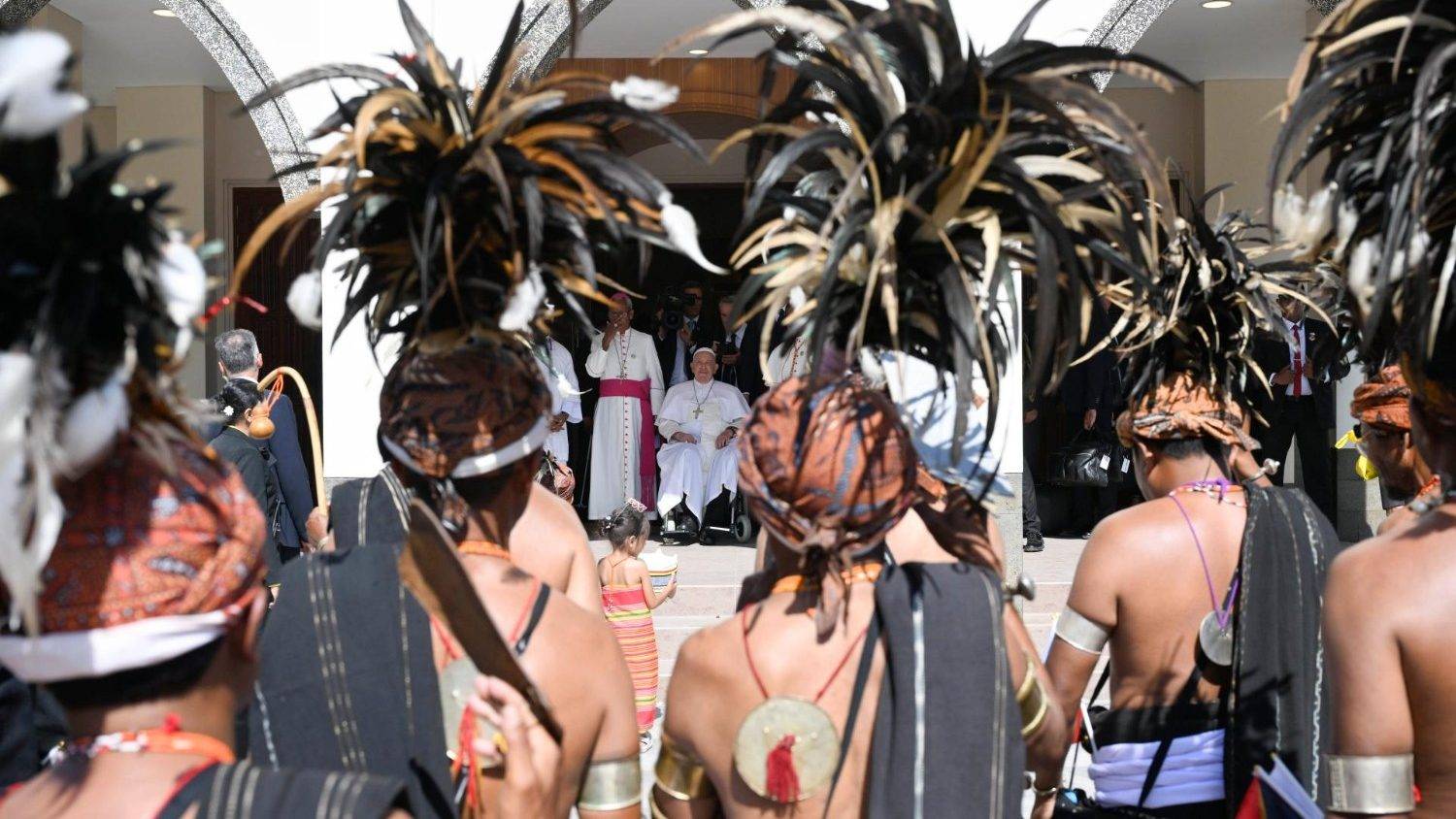 Believers perform a traditional dance for Pope Francis as he leaves the Cathedral of the Immaculate Conception in Dili on Sept. 10, 2024. (Credit: Vatican Media.)