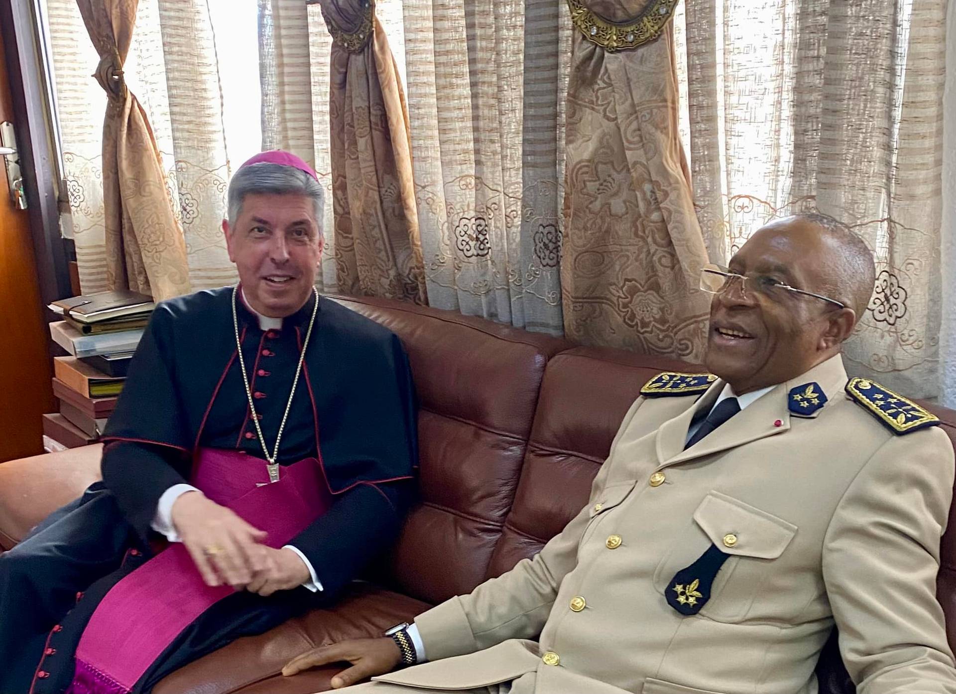 Archbishop Avelino Bettencourt, the Apostolic Nuncio to Cameroon, visits Mr. Paul Naseri Bea Governor of the Central Region Cameroon. (Credit: Bettencourt Facebook page.)