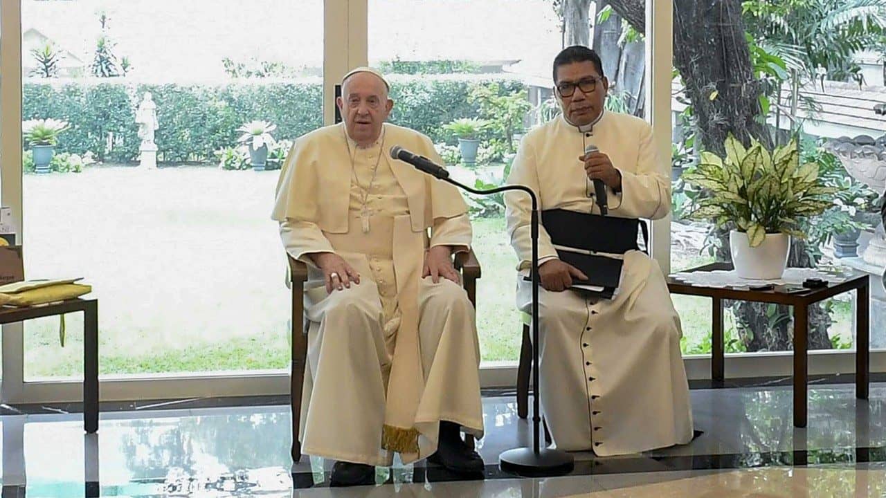 Pope Francis during his encounter with Jesuits in Jakarta, in Indonesia, on Sep. 4, 2014. (Credit: Vatican Media.)