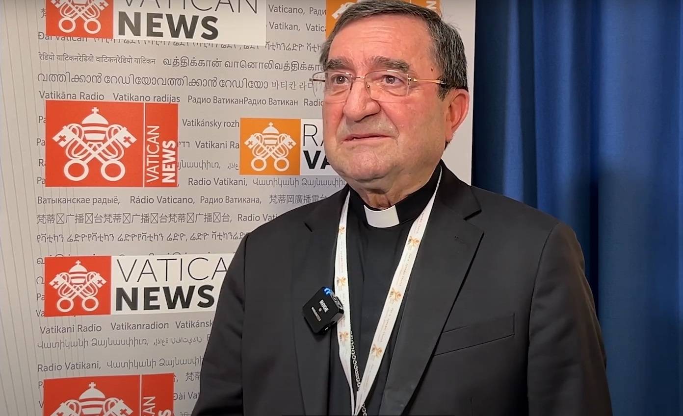 Bishop Mounir Khairallah of Batrun of the Maronites in Lebanon speaks during an Oct. 5, 2024, news briefing in the Vatican Press Office. (Credit: Vatican Media.)