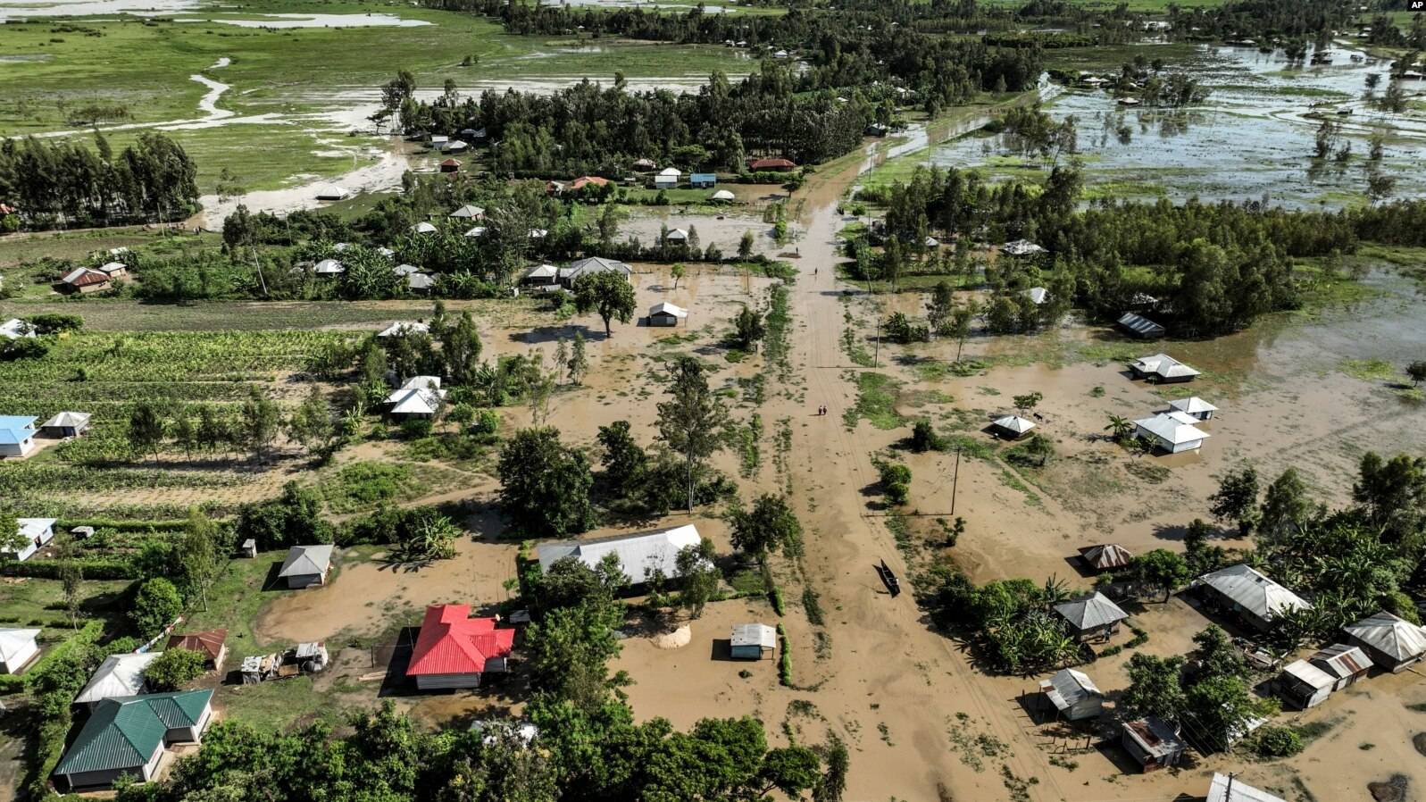 An aerial view shows a flooded area in Ombaka Village, Kisumu, Kenya, April 17, 2024. (Credit: AP.)