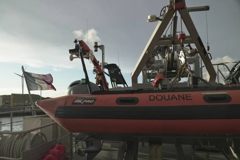 A view of one of the vessels from the French Gendarmerie Nationale in the port of Boulogne-Sur-Mer, France, Tuesday, Sept. 3, 2024, after participating in the rescue operation after a boat carrying migrants ripped apart attempting to cross the English Channel. (Credit: Nicolas Garriga/AP.)